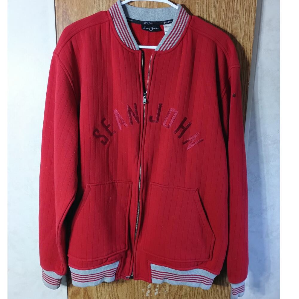 Vintage Sean John Red Zip Jacket Logo Spellout Streetwear Y2K Cotton Large